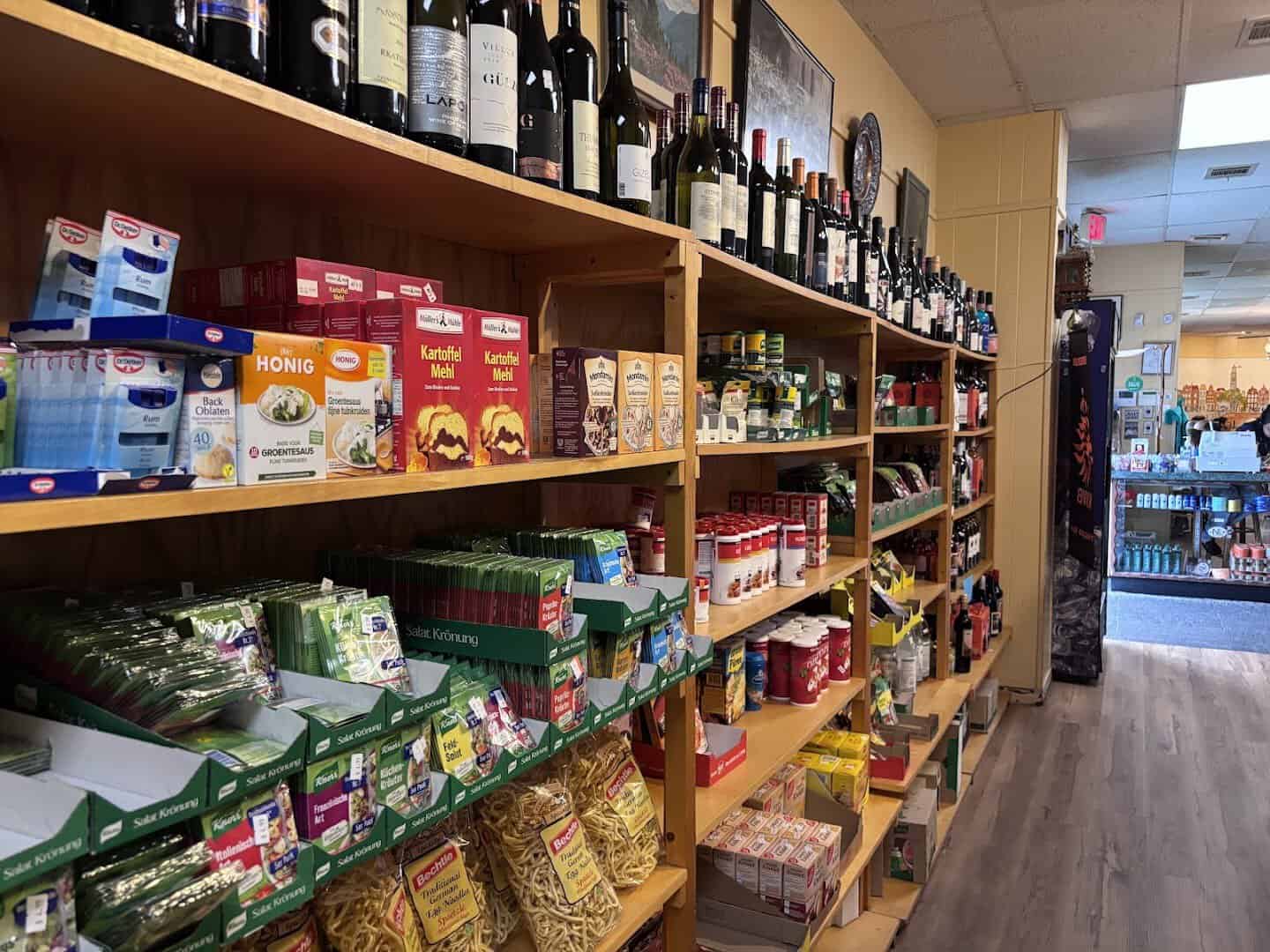 Shelves of imported European groceries and wine at Henk's European Deli in Dallas