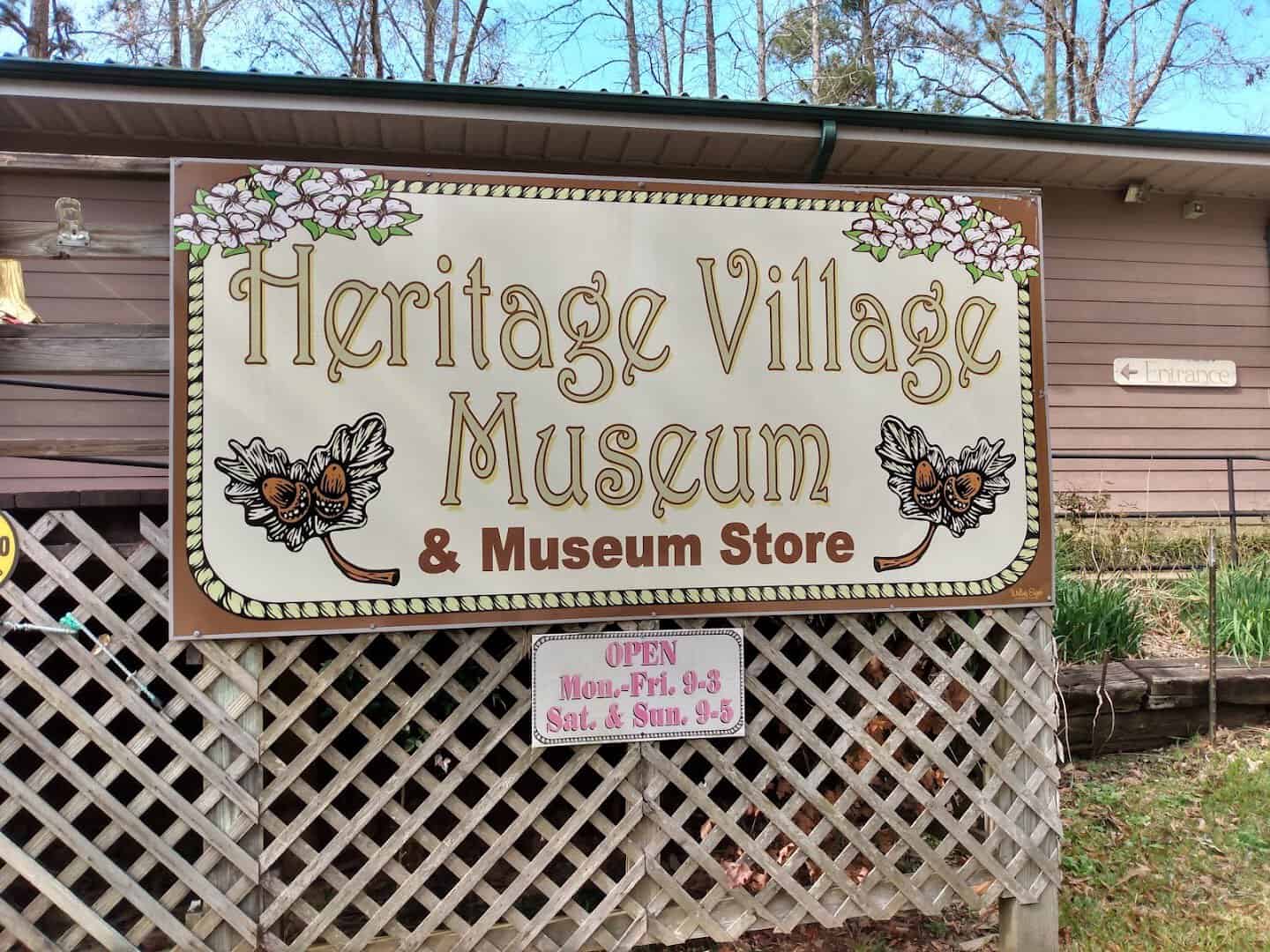 Heritage Village Museum sign at the Pickett House Restaurant in Woodville, Texas