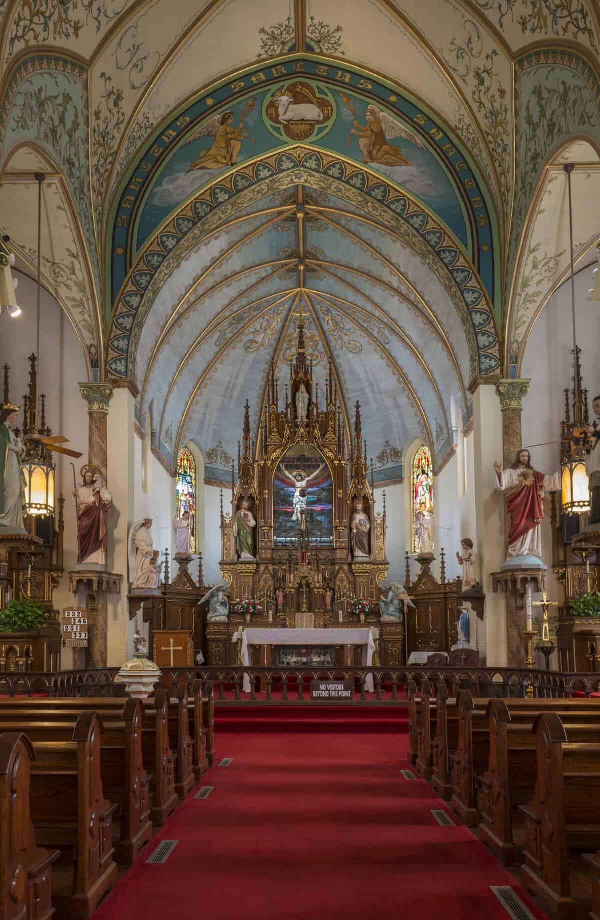 Sky-blue painted sanctuary vault and altar of St. Mary's Catholic Church in High Hill, Texas