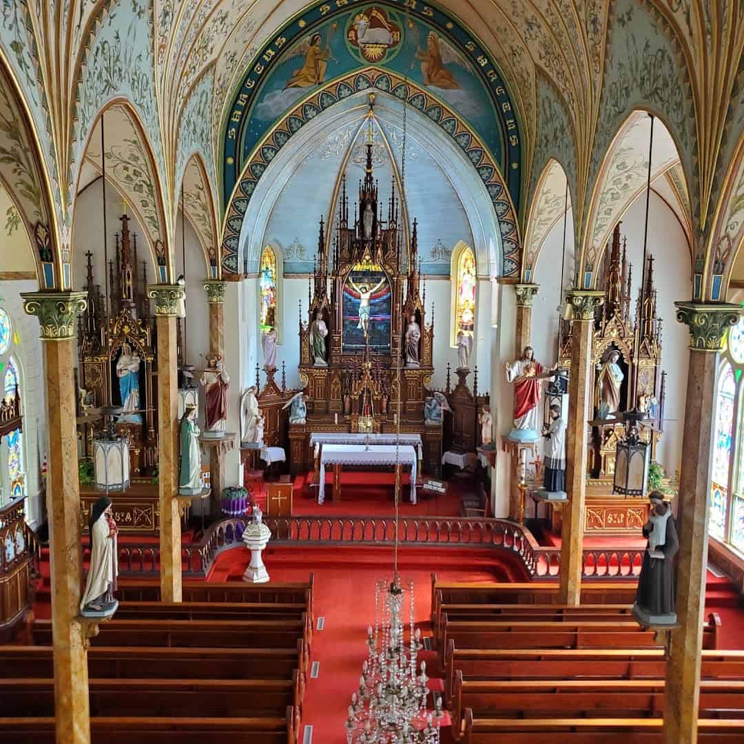 Elevated view of the painted interior of St. Mary's Catholic Church in High Hill, Texas