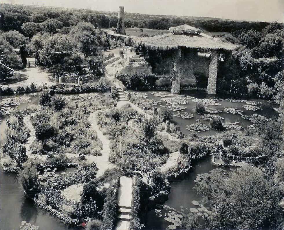 Historic aerial view of the sunken Japanese Tea Garden in San Antonio