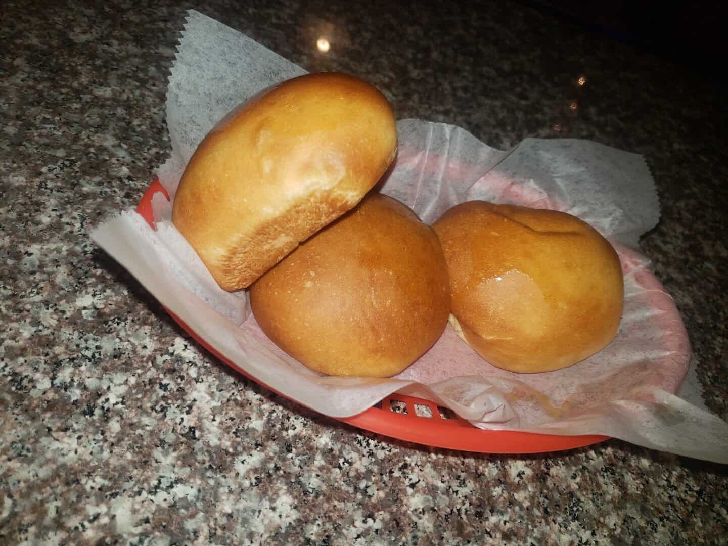 Basket of fresh baked rolls at Hofbrau Steaks in Porter, Texas
