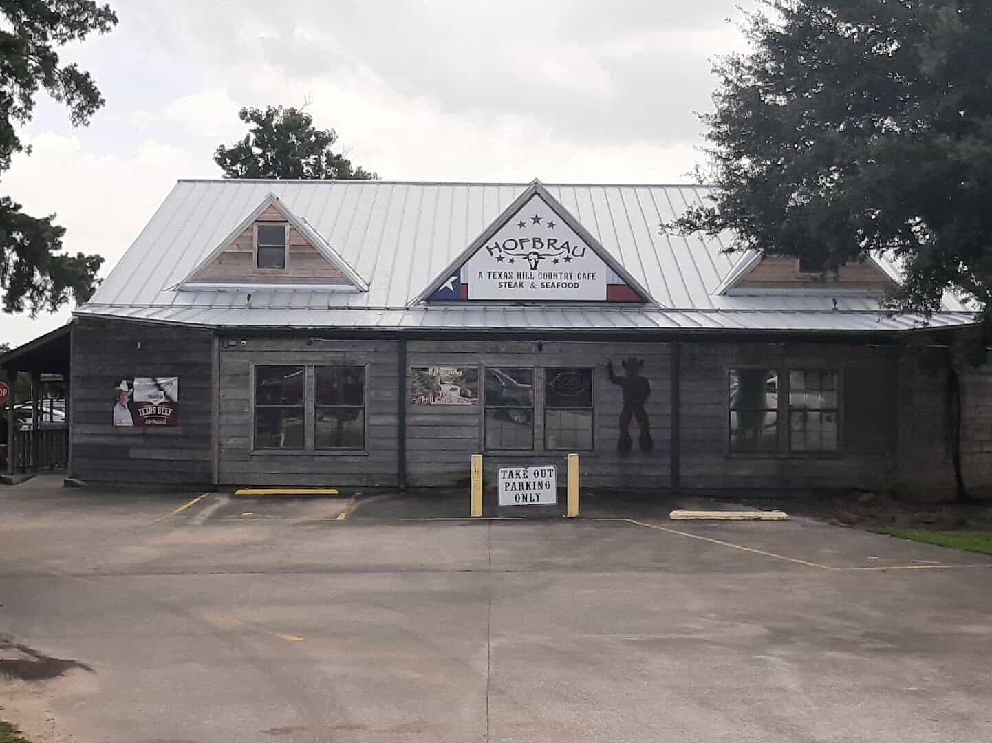 Exterior of the Hofbrau Steaks building in Porter, Texas