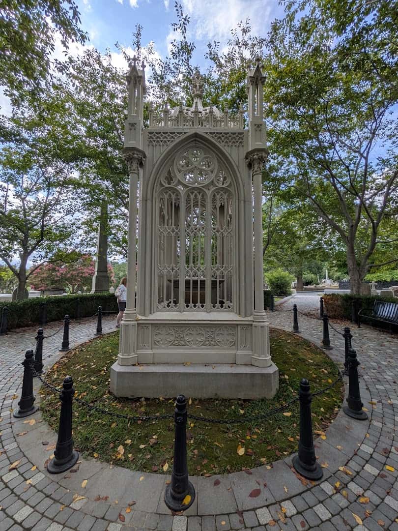 The ornate Gothic cast-iron tomb of President James Monroe at Hollywood Cemetery in Richmond, Virginia