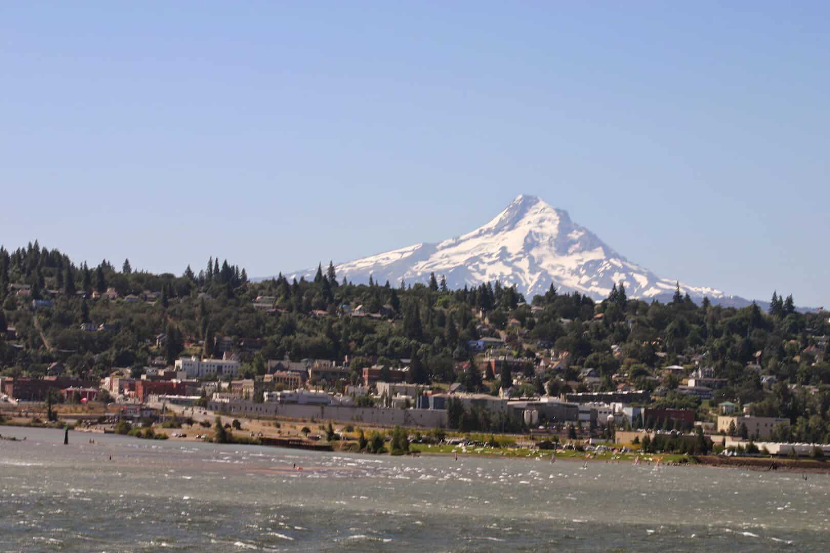 The town of Hood River, Oregon, beneath snow-capped Mount Hood