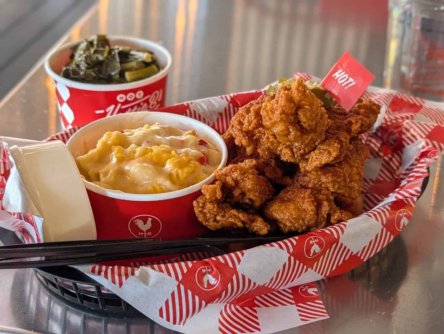 Nashville hot chicken basket with mac and greens at Hattie Bs