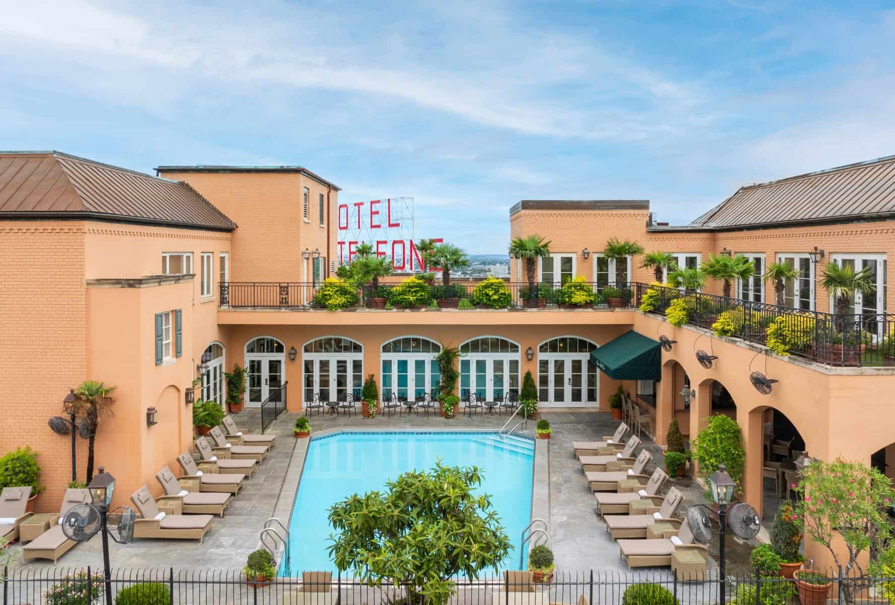 Hotel Monteleone rooftop pool and hotel sign in New Orleans, Louisiana