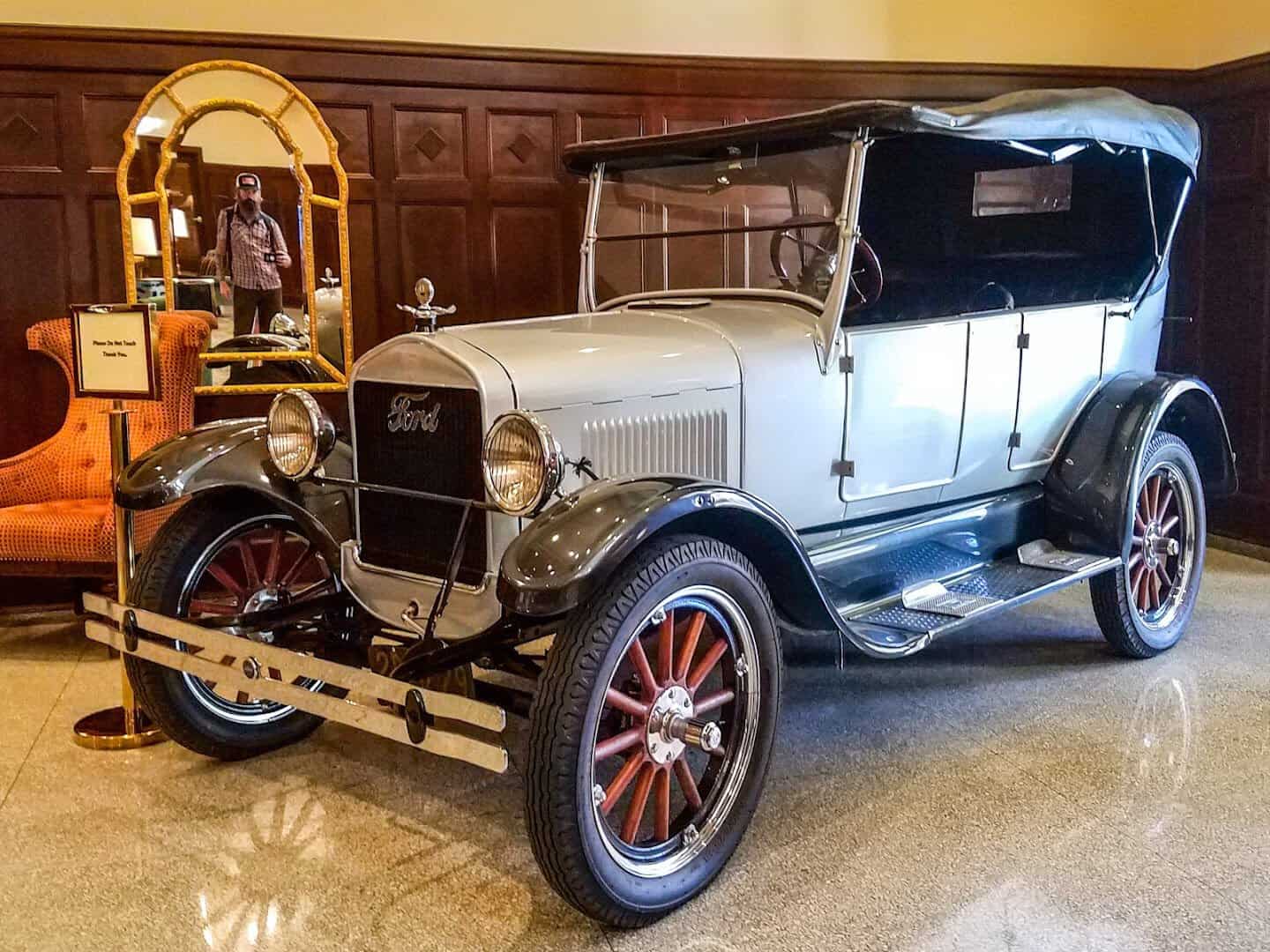A restored antique Ford car displayed in the lobby of Hotel Settles in Big Spring, Texas