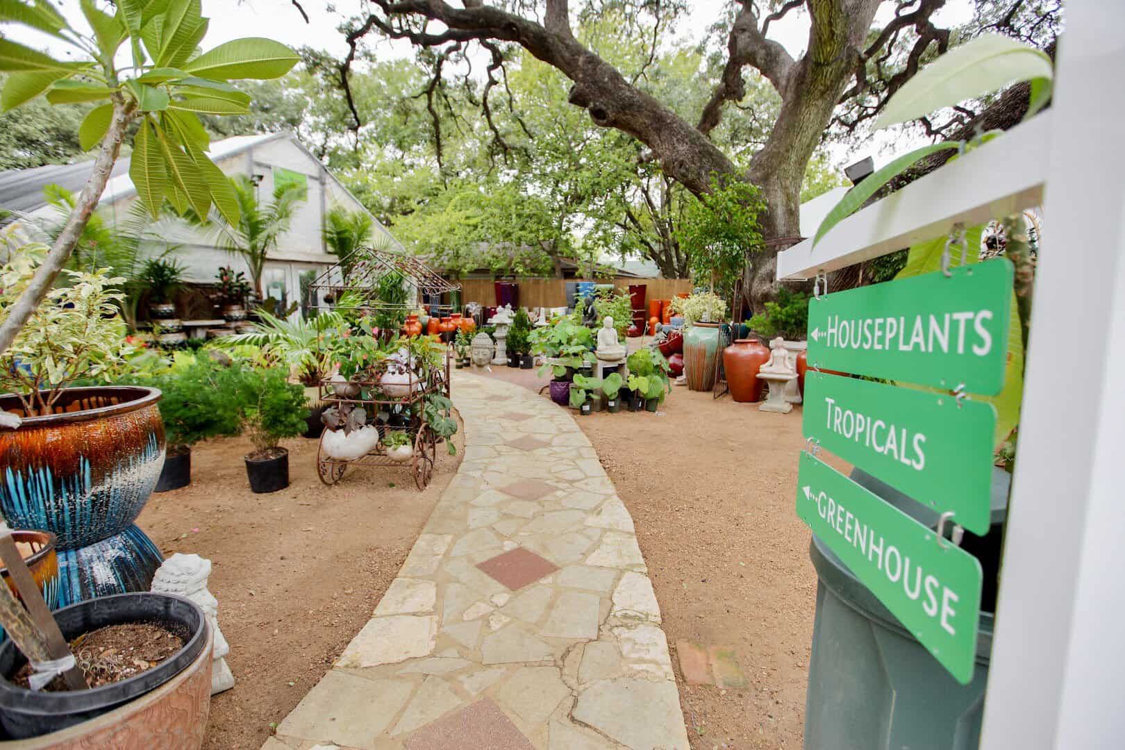 A flagstone path to the houseplants and tropicals area at The Great Outdoors nursery in Austin