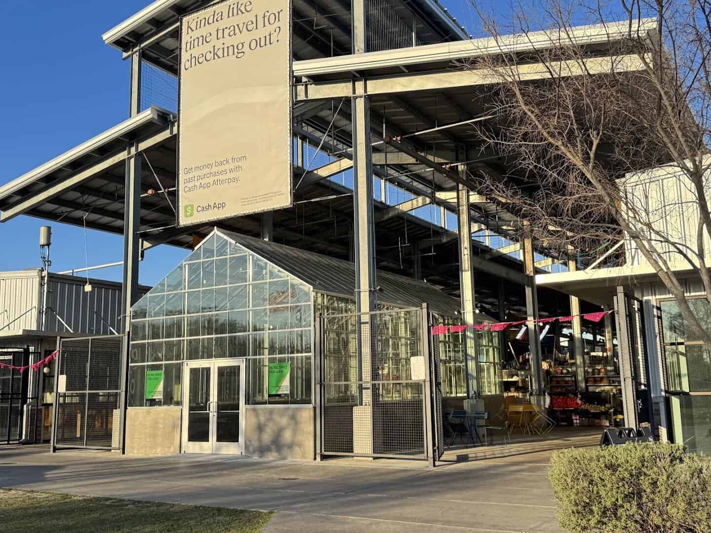 Renovated market building exterior at the Houston Farmers Market in Houston