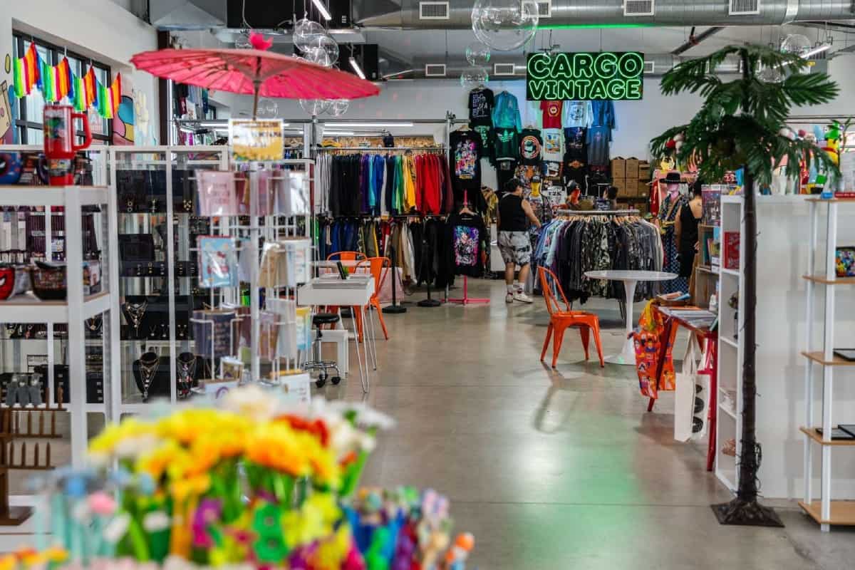 Artisan crafts and colorful goods aisle at the Houston Farmers Market in Houston