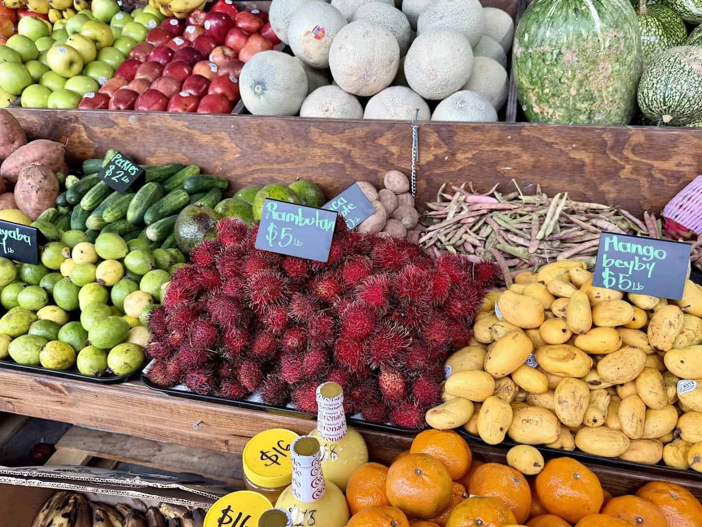 Bins of fresh exotic fruit and produce at the Houston Farmers Market