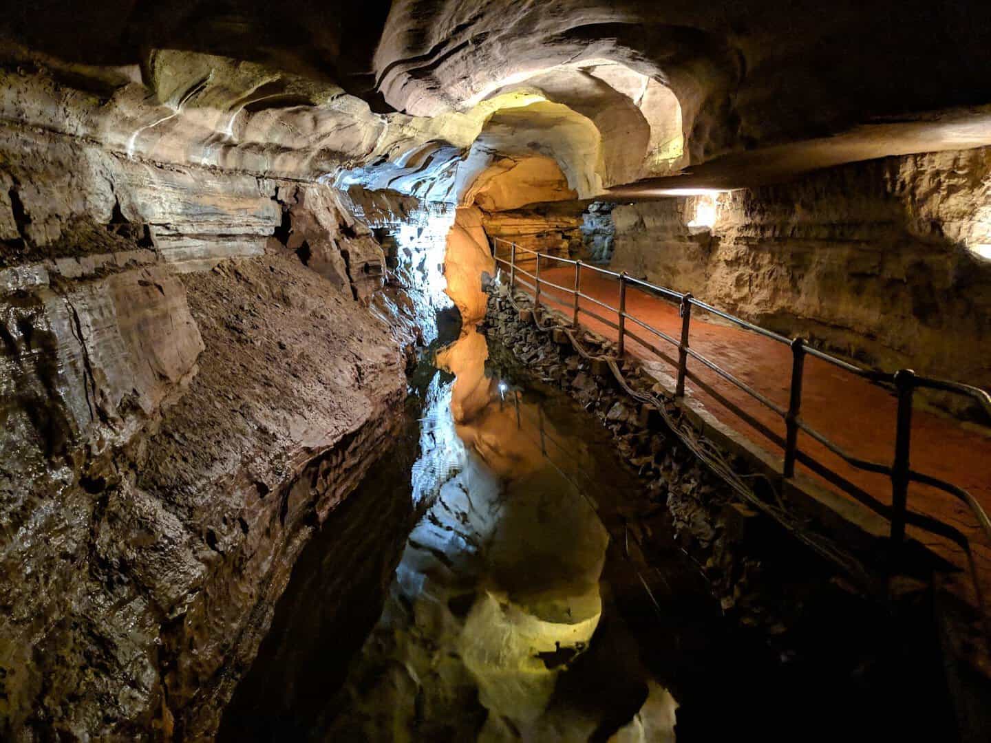 Underground passage and stream inside Howe Caverns, New York