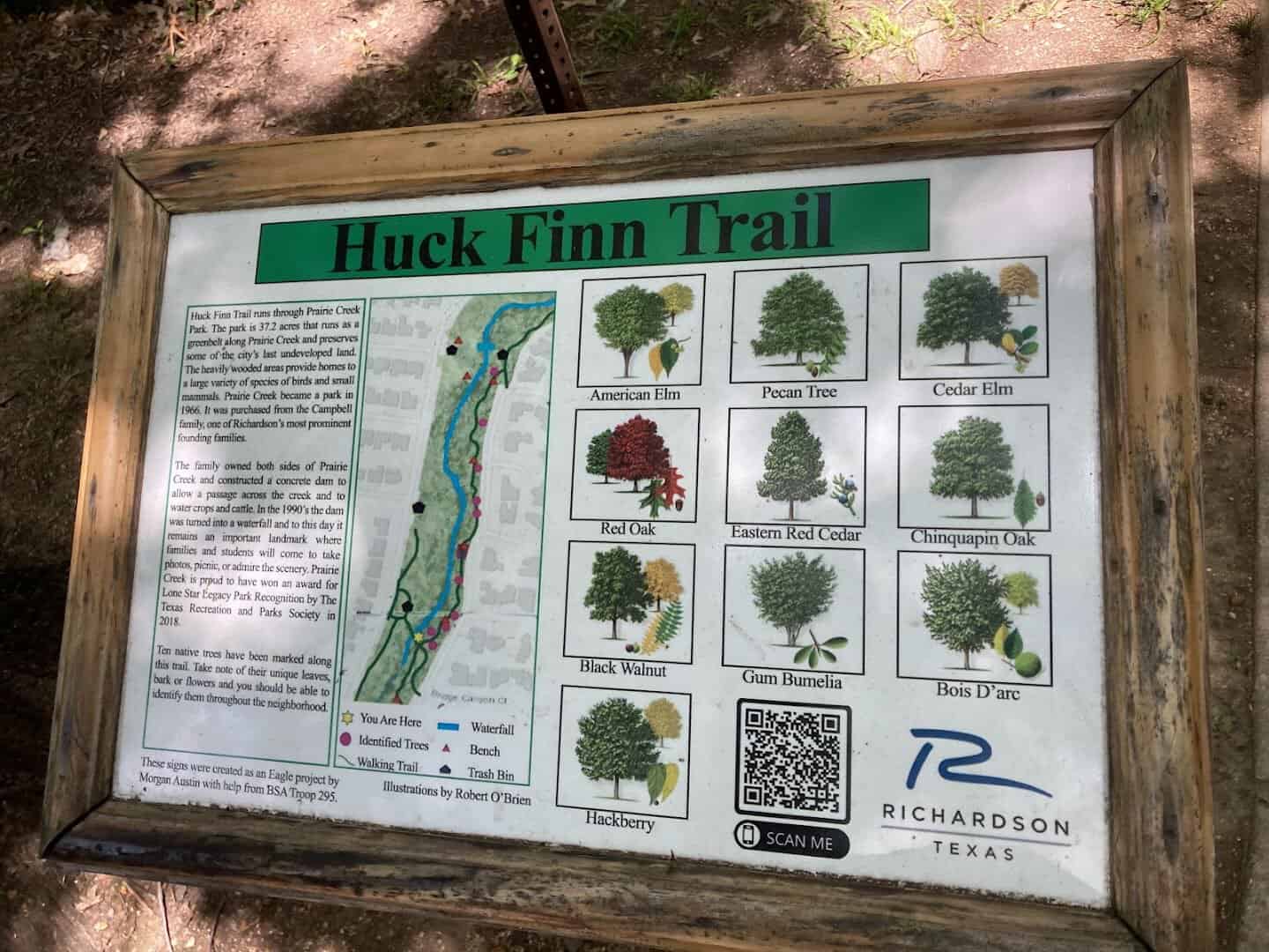 Huck Finn Trail sign along the nature trail at Prairie Creek Park in Richardson, Texas