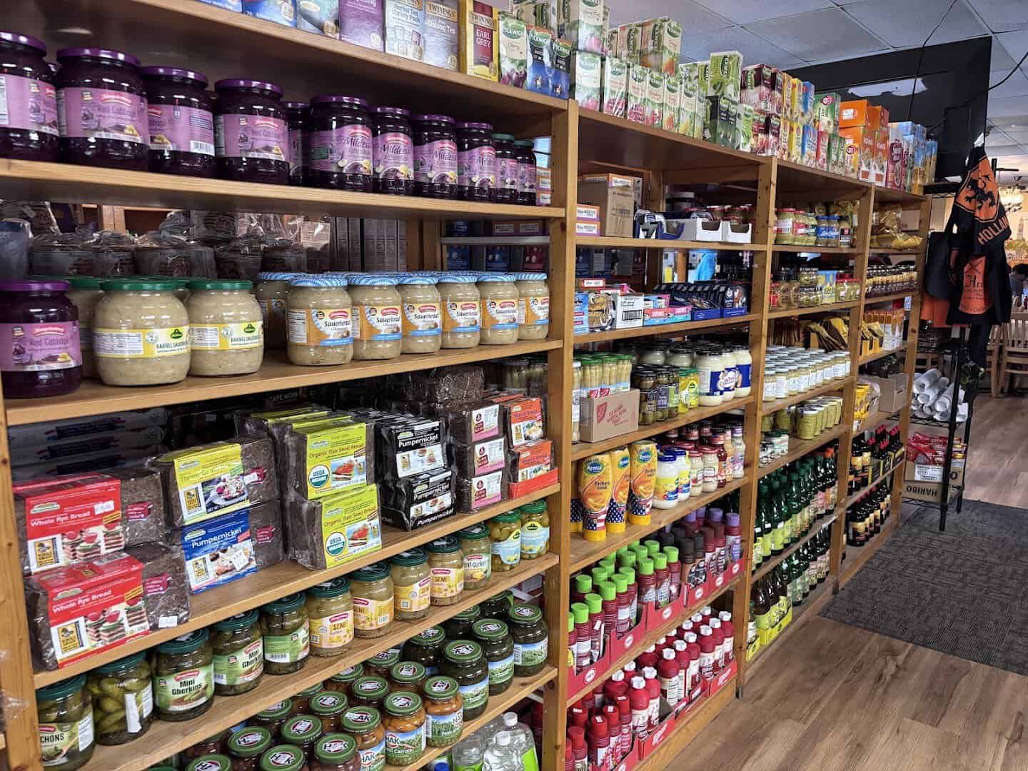 Shelves of imported European groceries at Henk's European Deli in Dallas