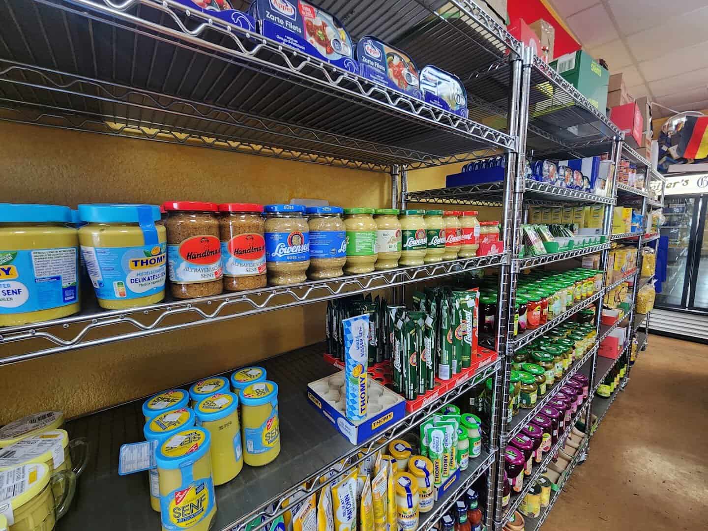 Shelves of imported German mustards and groceries at Pfeifer's German Bakery and Deli in Harker Heights, Texas