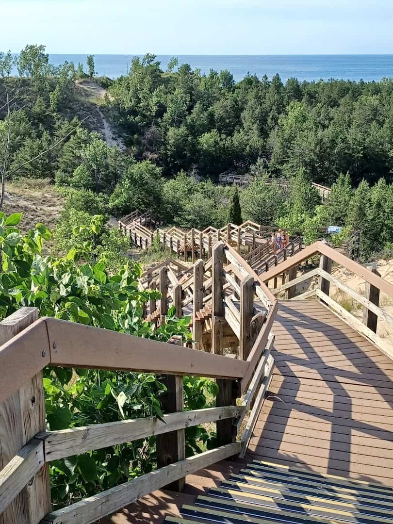 Boardwalk through the dunes toward Lake Michigan at Indiana Dunes National Park, Porter, Indiana