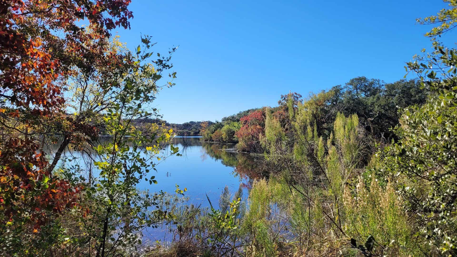 Calm lake reflecting trees at Inks Lake State Park in Burnet, Texas