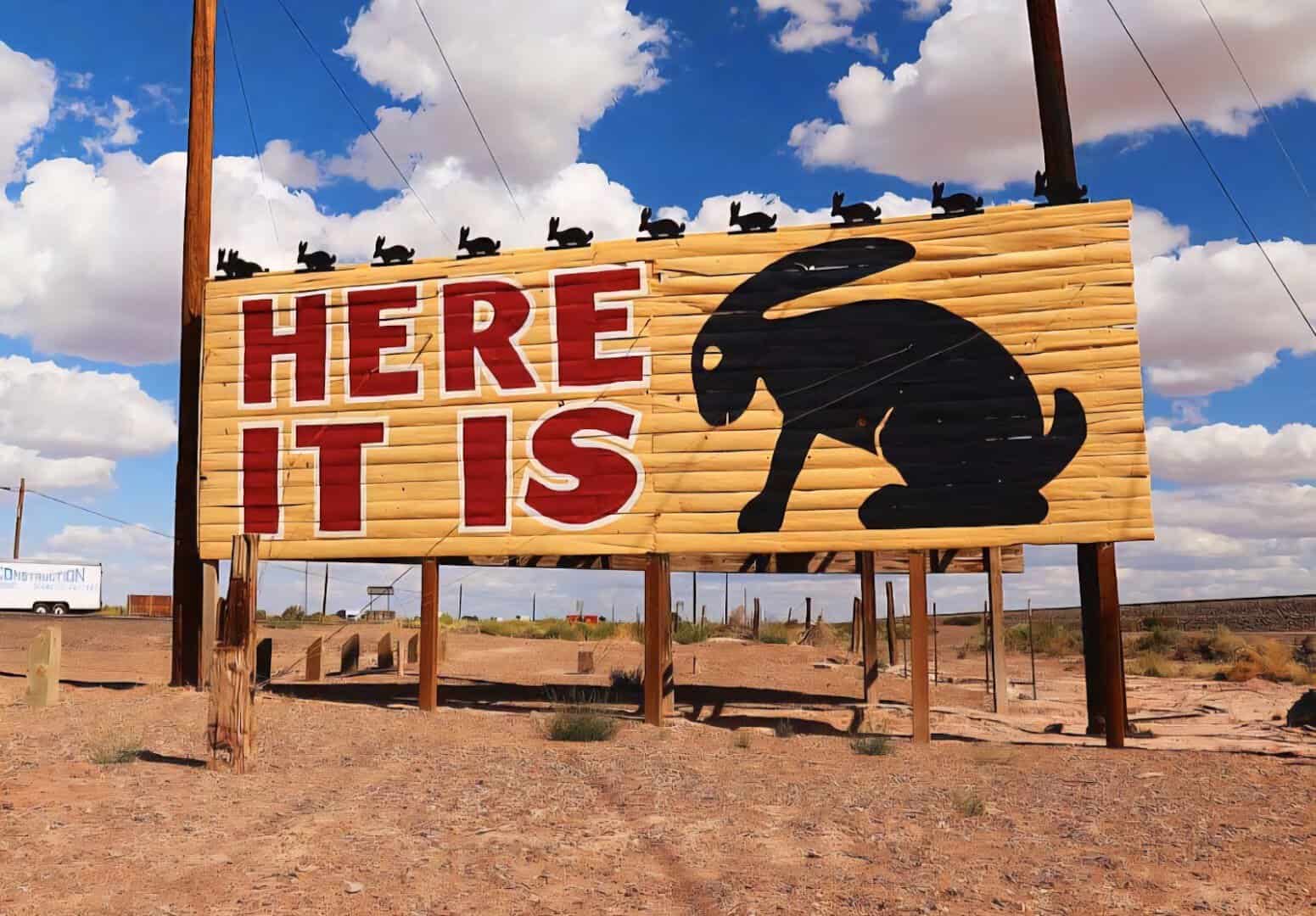 The HERE IT IS jackrabbit billboard at Jack Rabbit Trading Post in Joseph City, Arizona