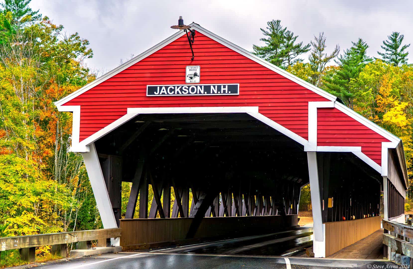 The red Honeymoon covered bridge in Jackson, New Hampshire