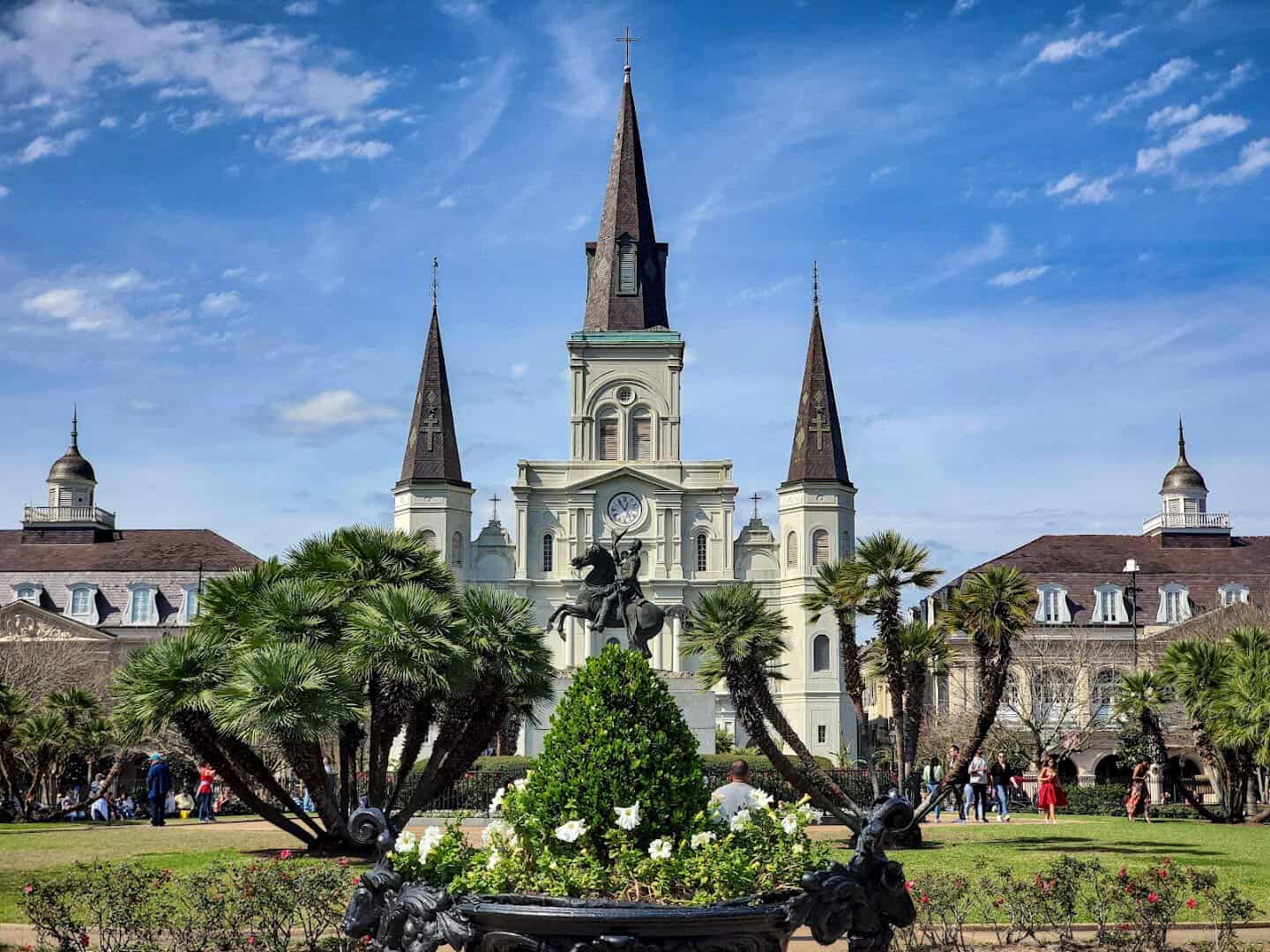 St. Louis Cathedral and the Andrew Jackson statue at Jackson Square in New Orleans, Louisiana