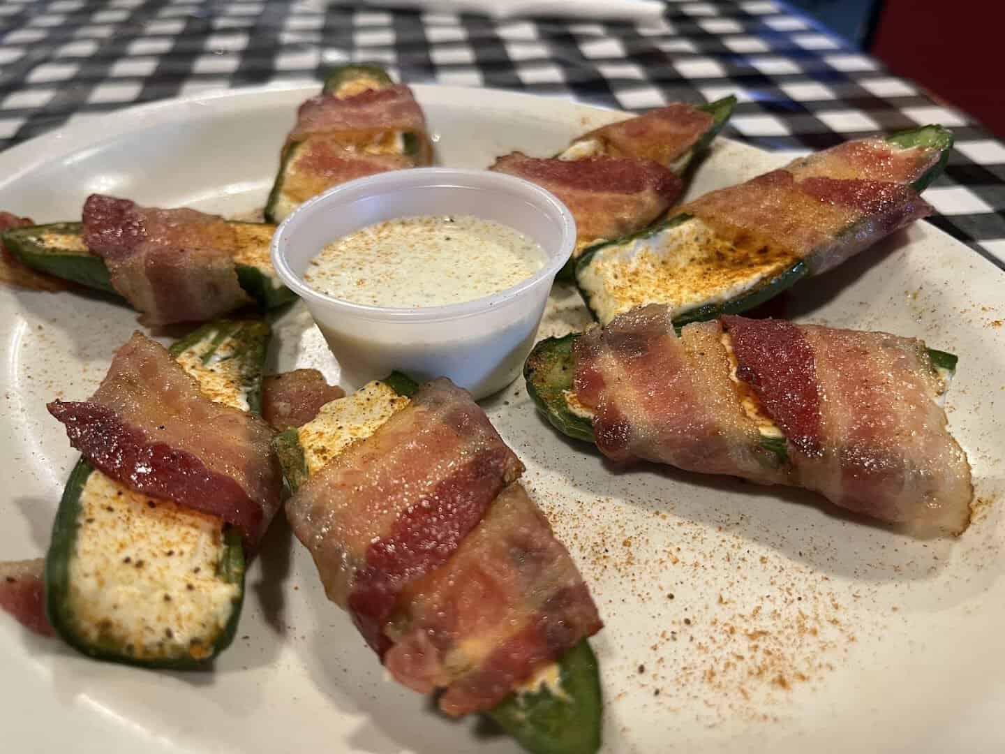 Bacon-wrapped jalapeno poppers with ranch at Mel's Diner in Mingus, Texas