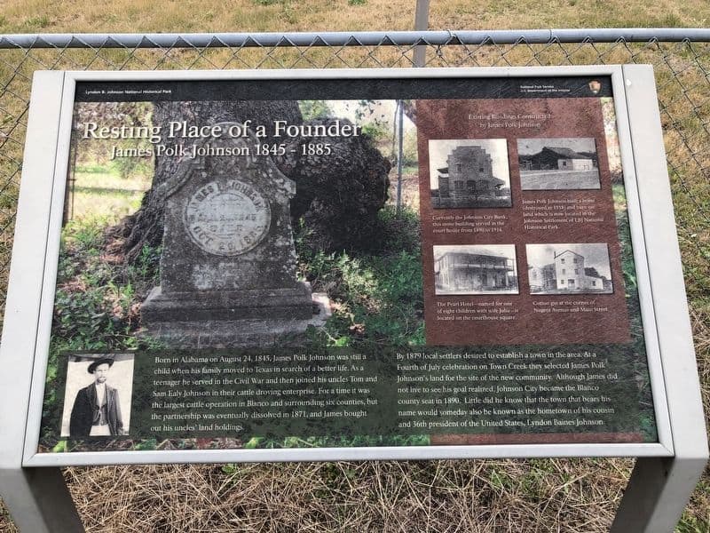 National Park Service marker for town founder James Polk Johnson in Johnson City, Texas