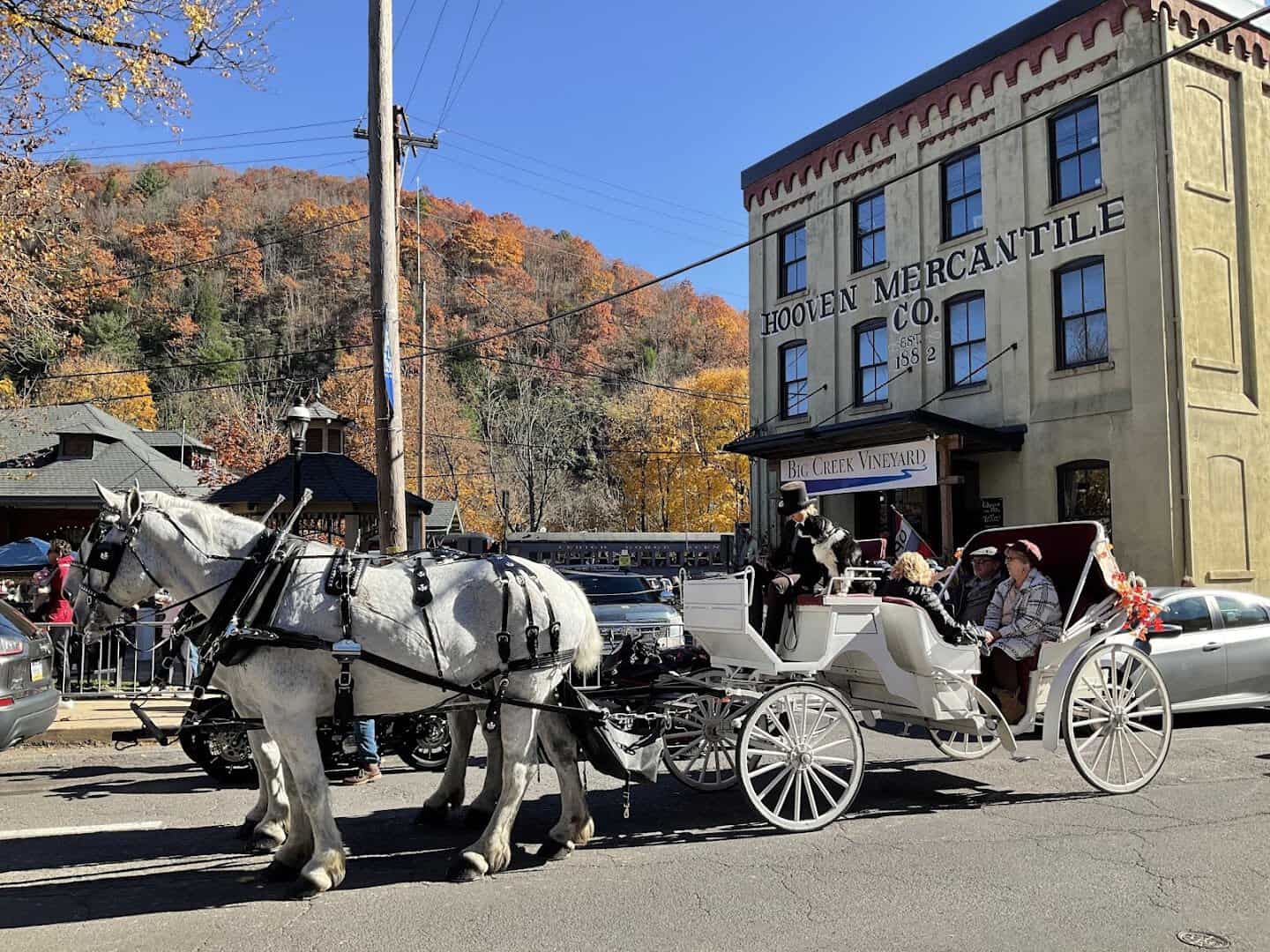 Horse-drawn carriage on Broadway in historic downtown Jim Thorpe, Pennsylvania