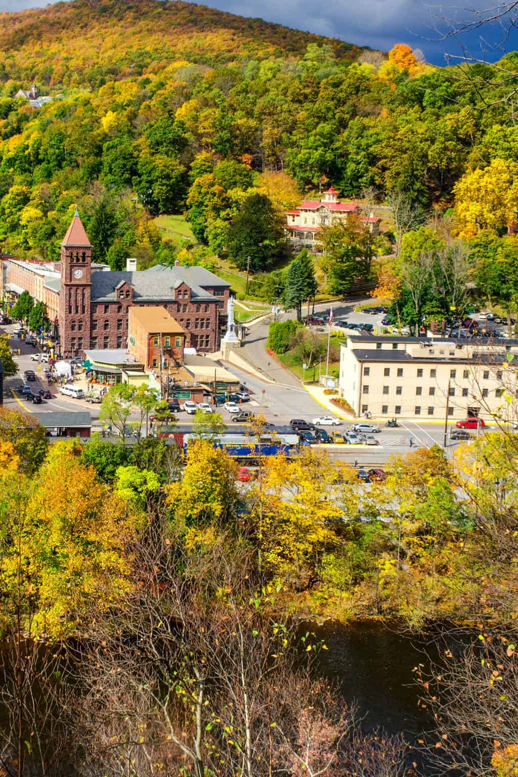 Aerial view of Jim Thorpe, Pennsylvania with fall foliage on the hillside