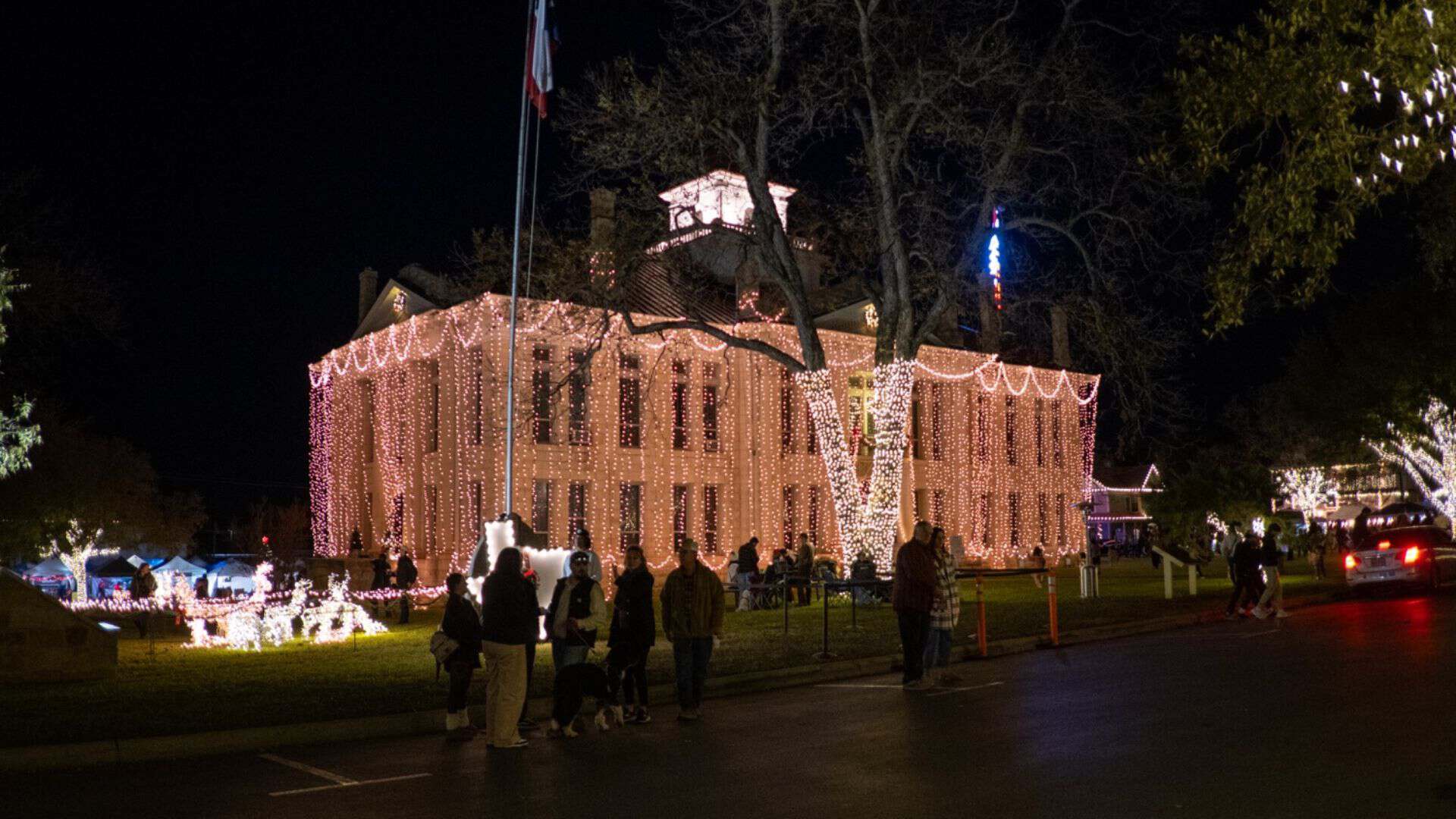 The Blanco County Courthouse draped in lights during the Johnson City Lights Spectacular