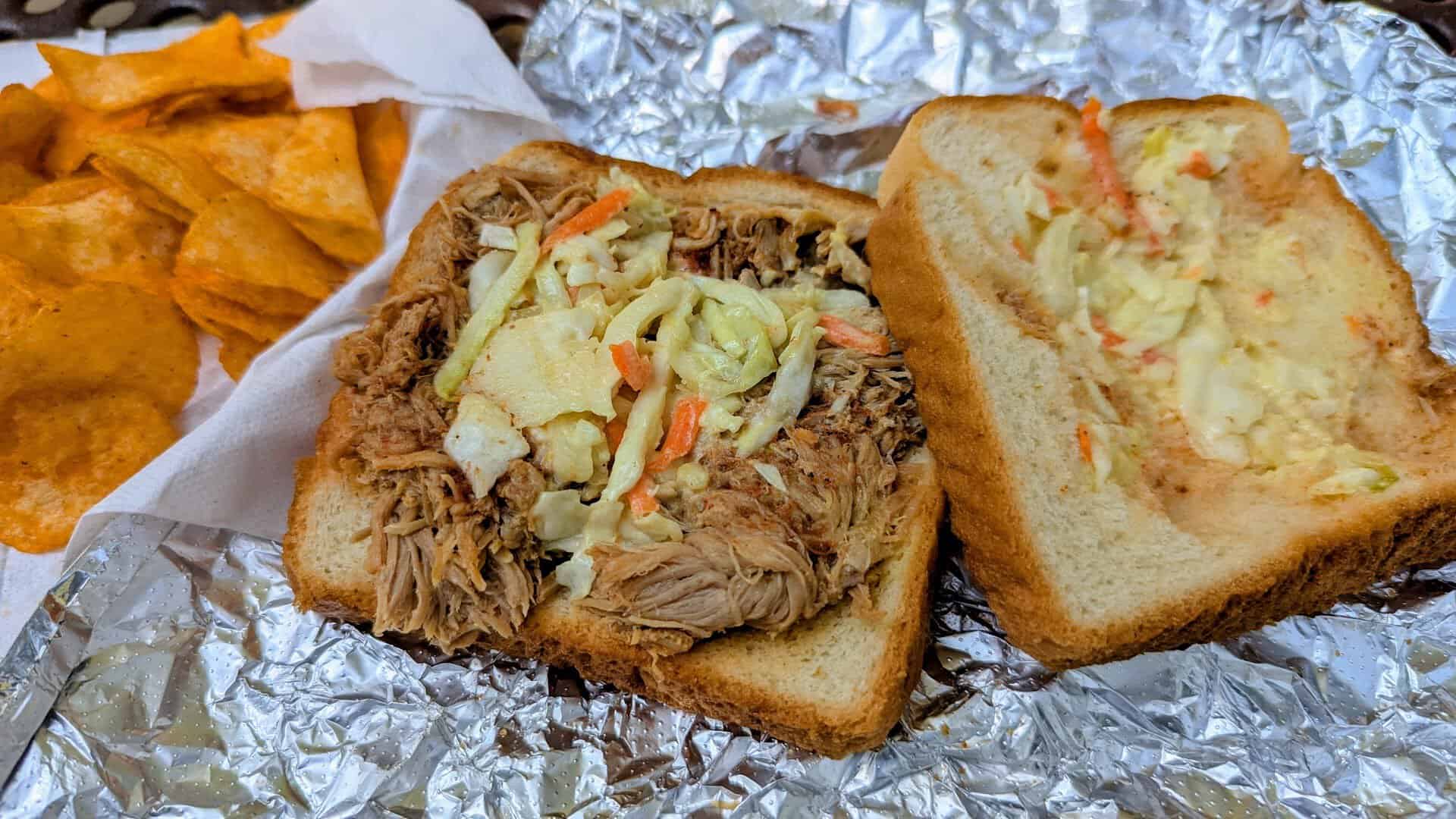 Chopped pork sandwich on white bread at Jones Bar-B-Q Diner in Marianna, Arkansas