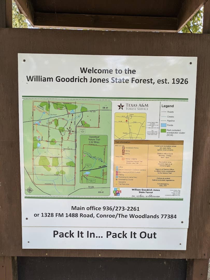 Welcome kiosk noting William Goodrich Jones State Forest, established 1926, near Conroe, Texas