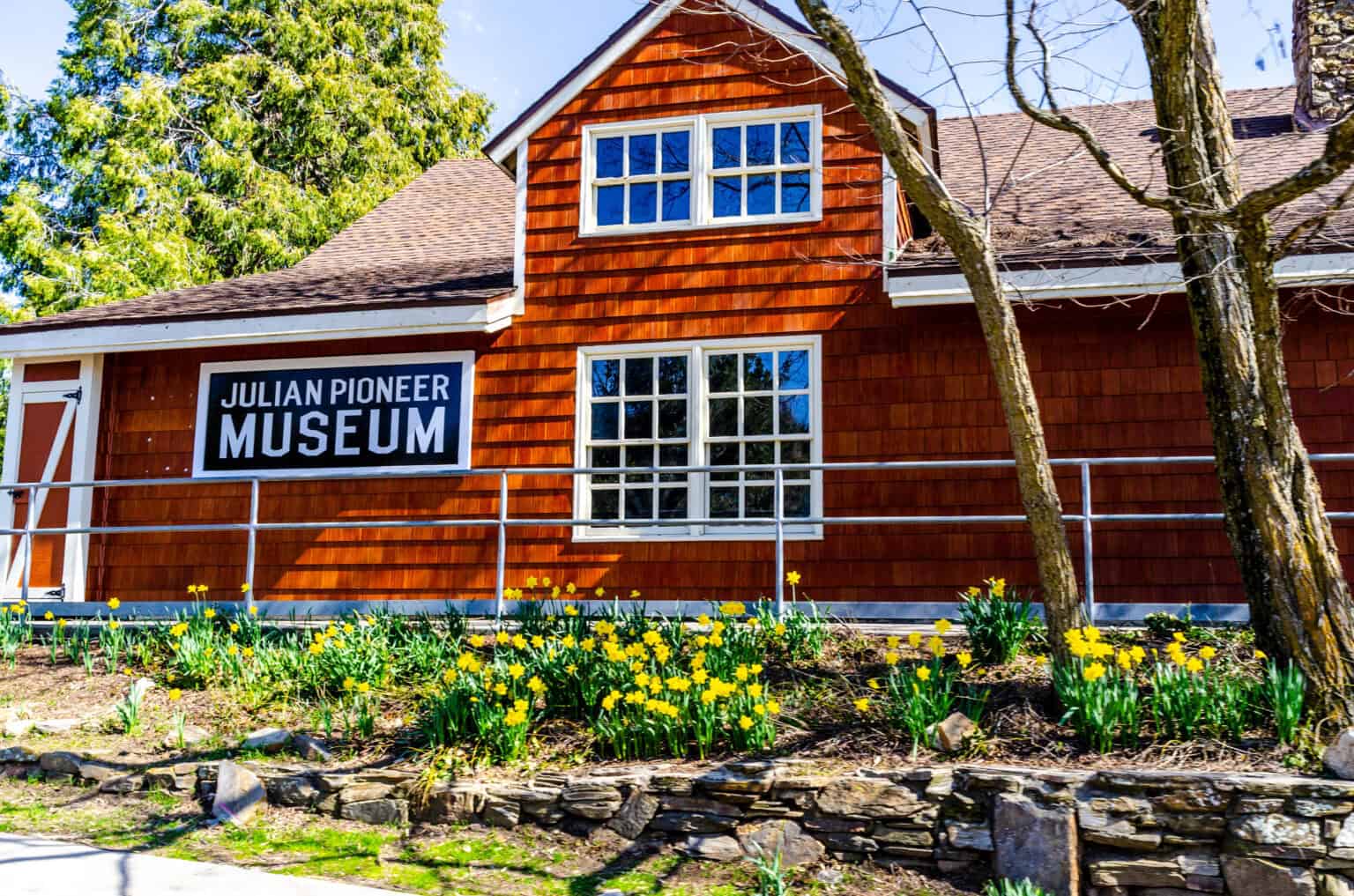 Julian Pioneer Museum building with spring daffodils in Julian, California