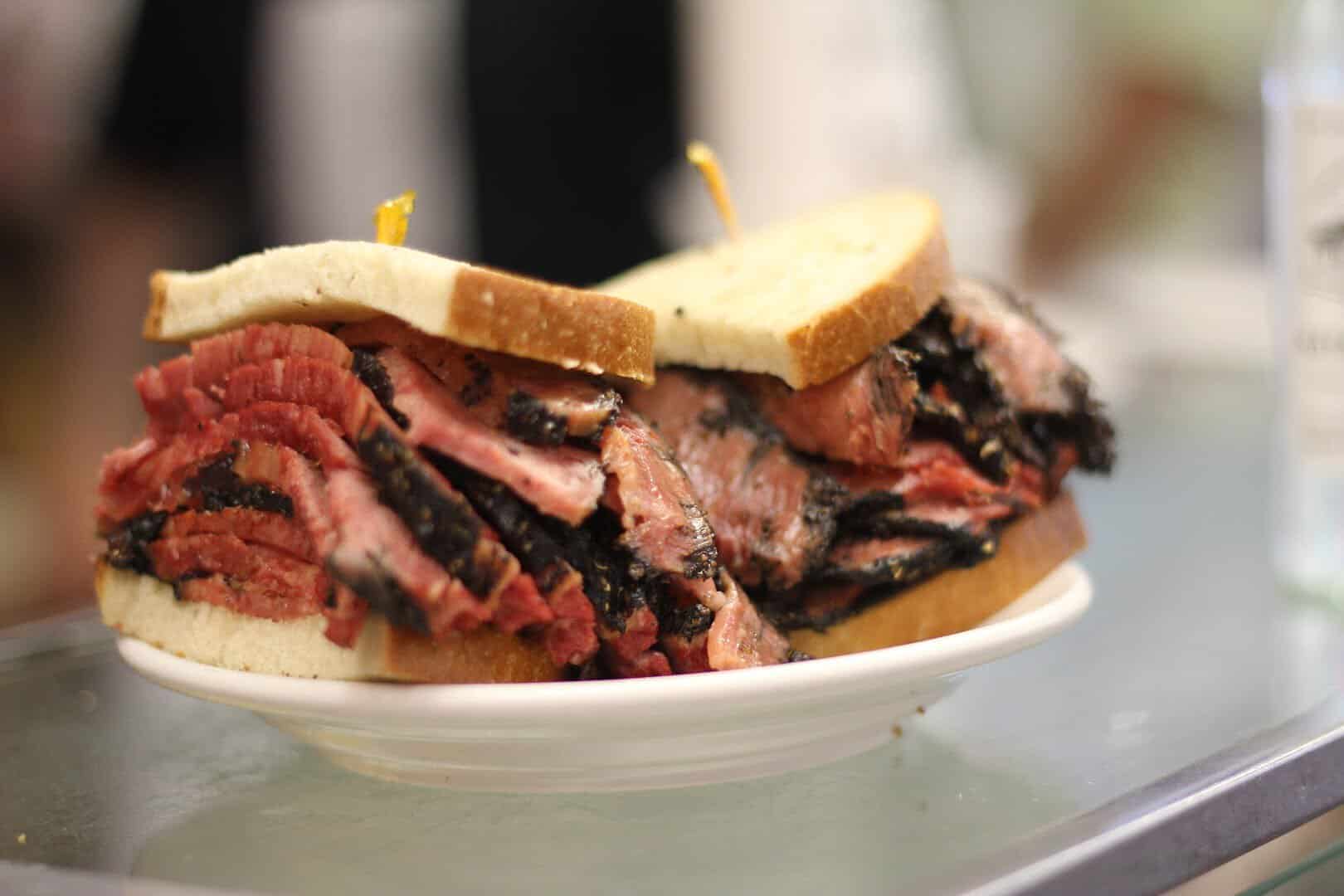 Towering hand-carved pastrami on rye at Katz's Delicatessen in New York