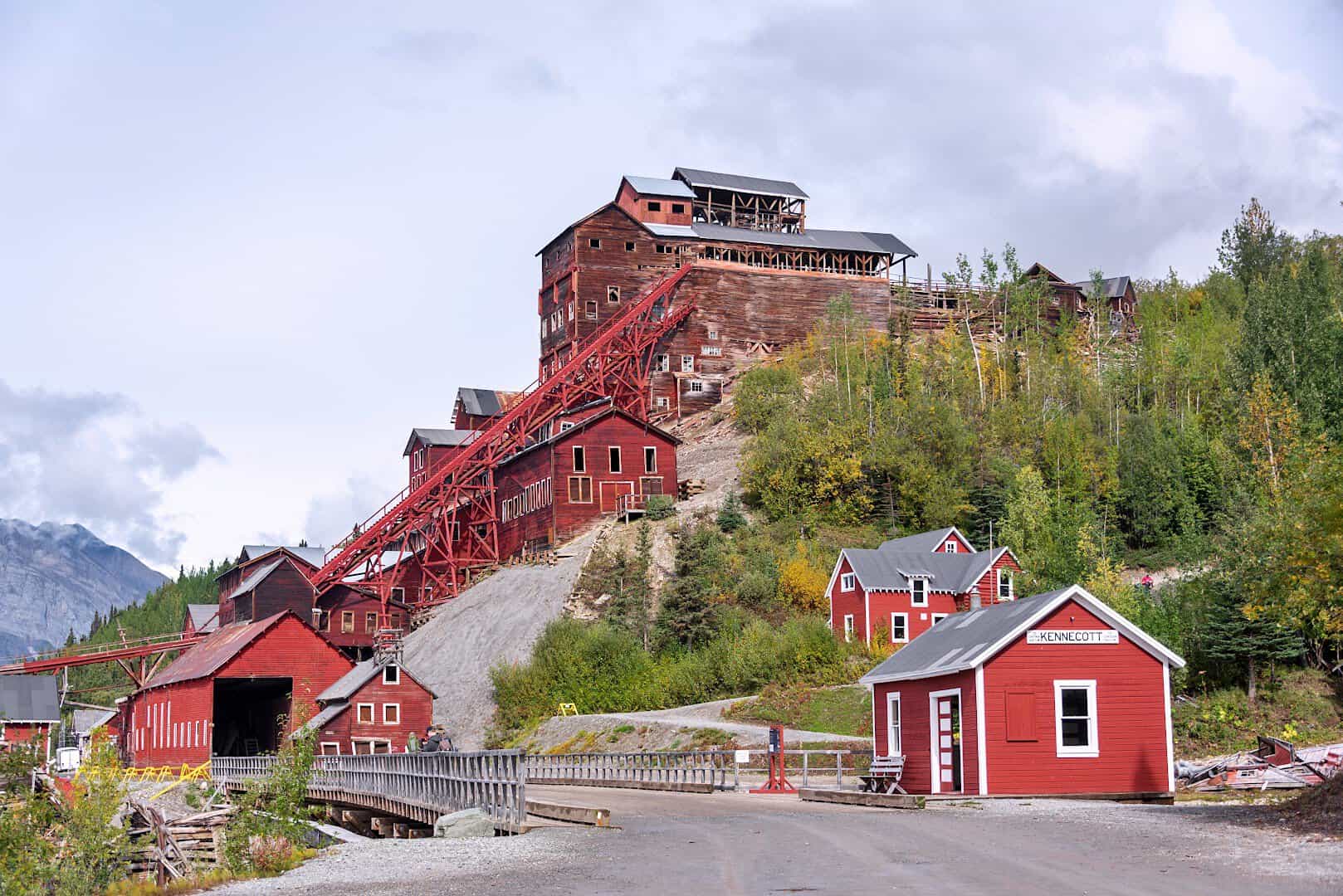 The towering red Kennecott copper mill in Wrangell-St. Elias, Alaska