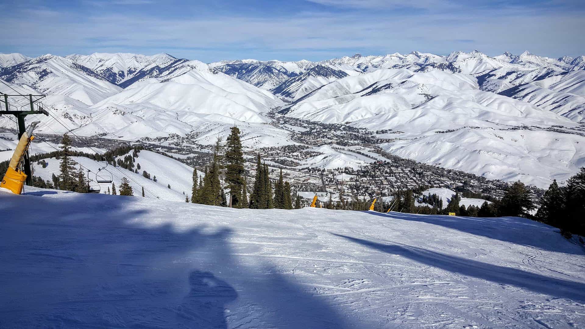 Snowy ski-town valley and mountains at Ketchum, Idaho