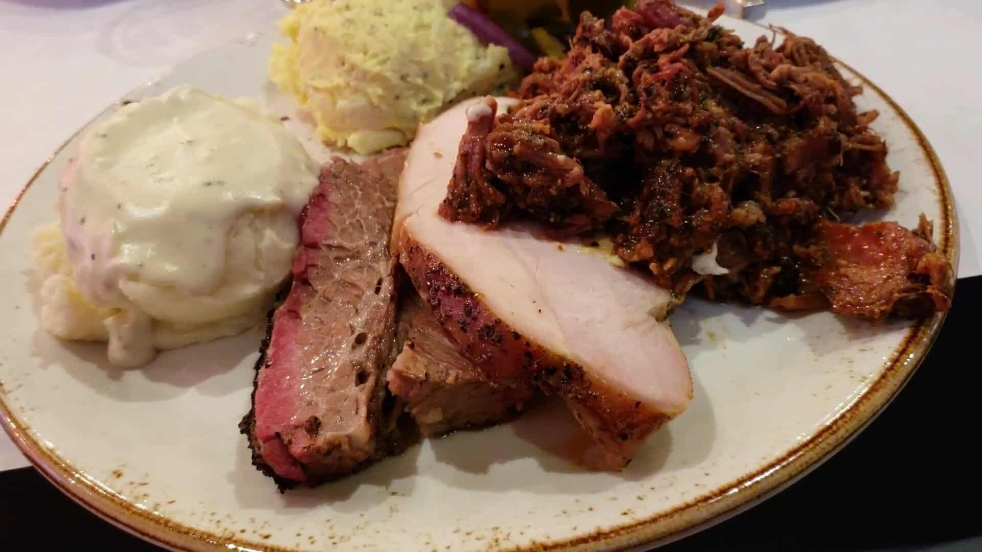 Brisket, pulled pork and potato salad plate at Killen's Barbecue in Pearland, Texas