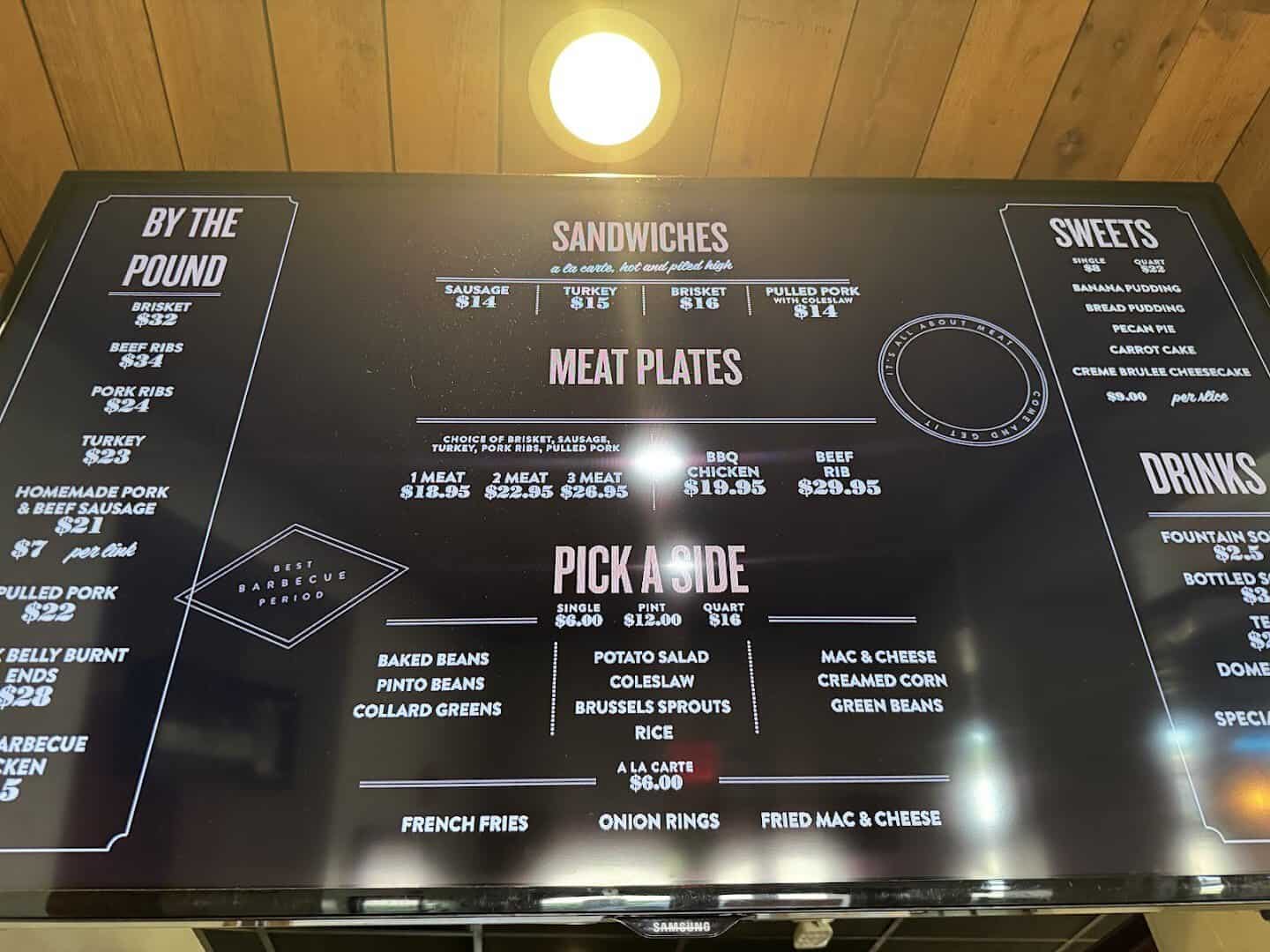 The by-the-pound menu board at Killen's Barbecue in Pearland, Texas