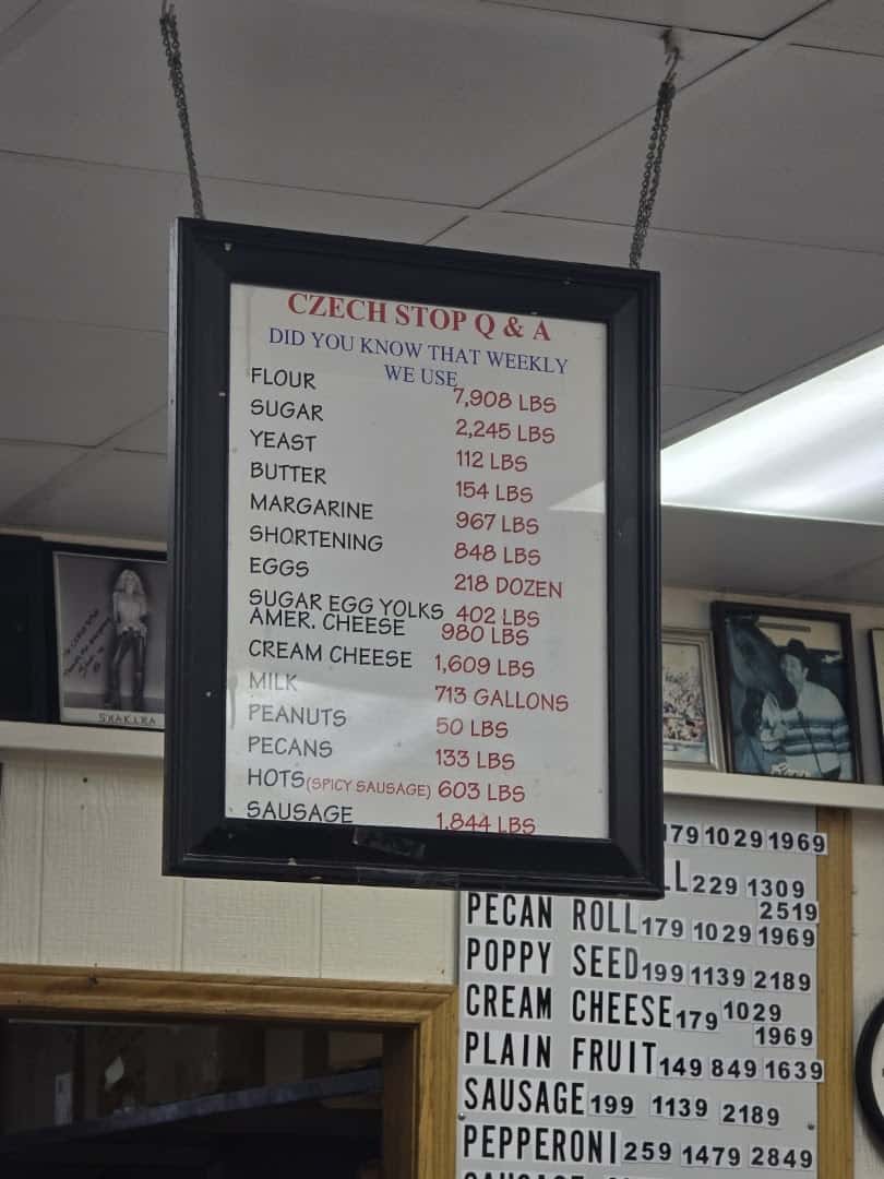 The kolache and pastry menu board at the Little Czech Bakery in West, Texas