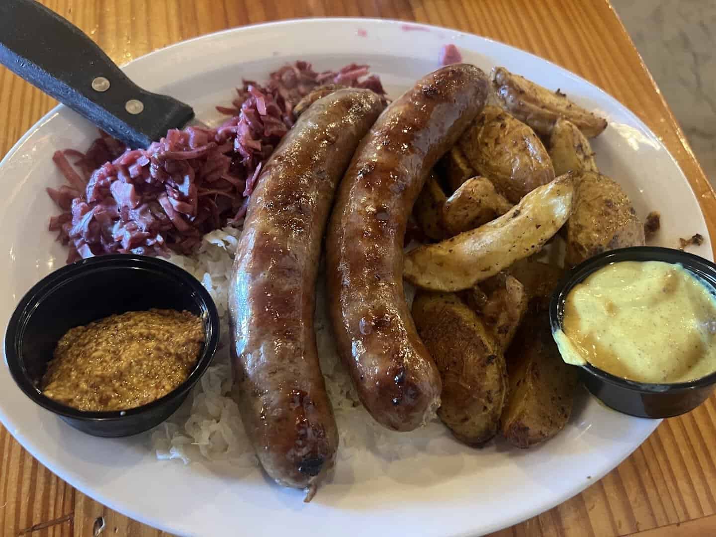 Bratwurst platter with red cabbage and potatoes at Krause's Cafe in New Braunfels