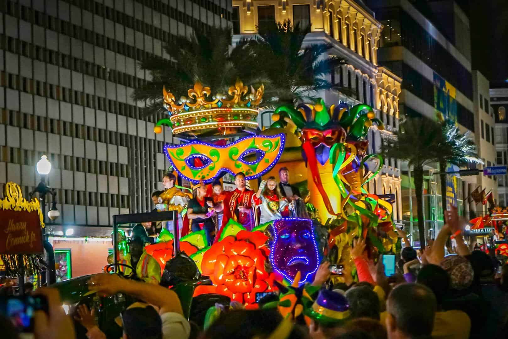 Colorful masked parade float for the Krewe of Boo Halloween parade in New Orleans, Louisiana