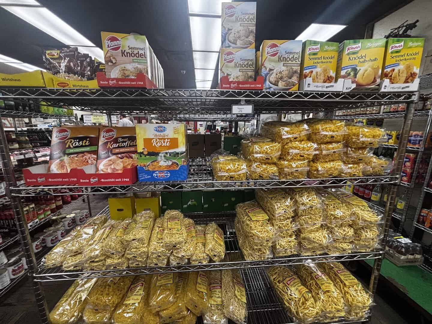 Shelves of imported German goods and pantry items at Kuby's in Dallas