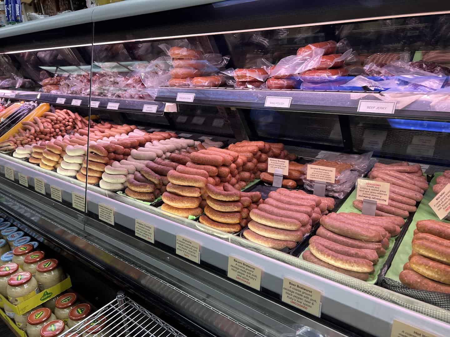 Case of house-made German sausages at Kuby's Sausage House in Dallas