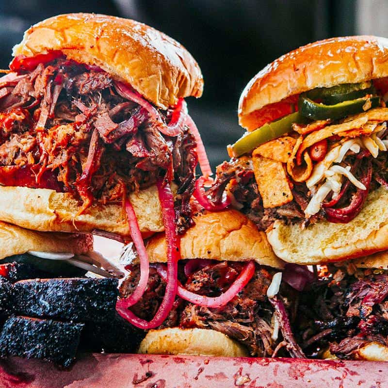 Stacked barbecue sandwiches with pickled onions at la Barbecue in Austin, Texas