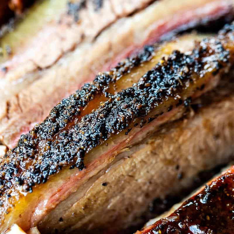 Close-up of fatty sliced brisket at la Barbecue in Austin, Texas