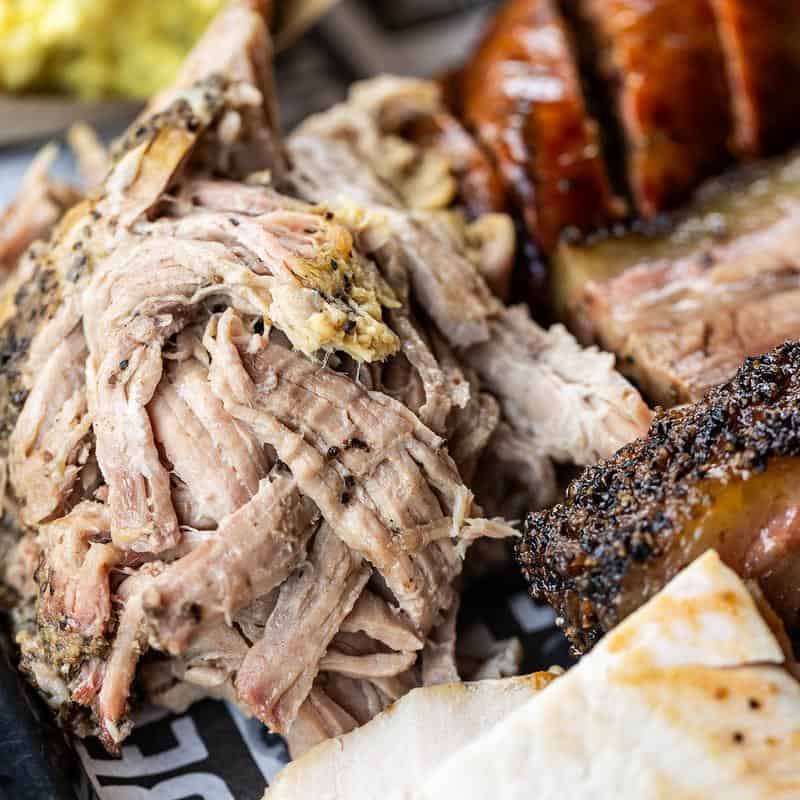 Smoked pulled pork close-up at la Barbecue in Austin, Texas