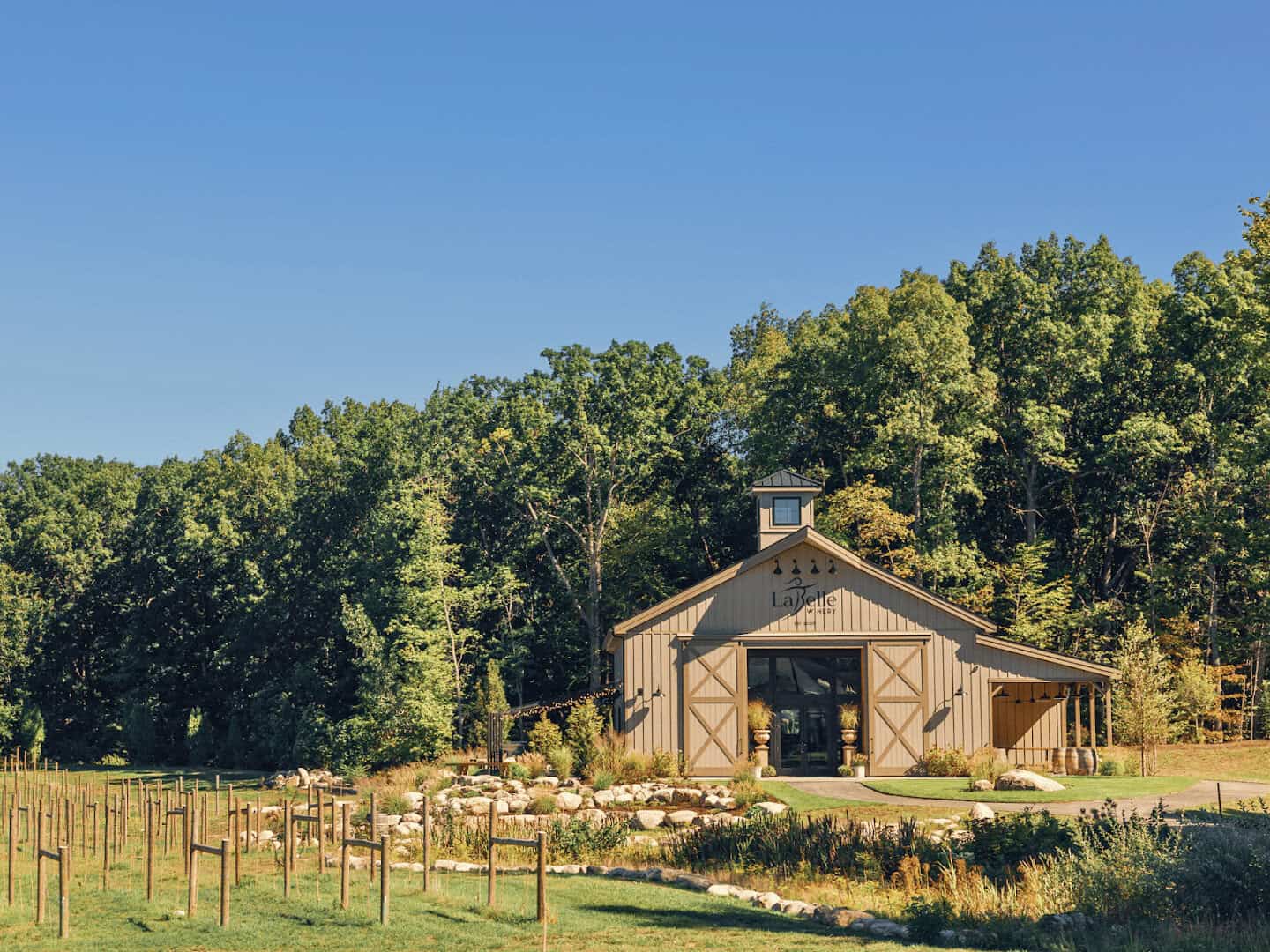 LaBelle Winery barn and young vineyard rows in Derry, New Hampshire in fall