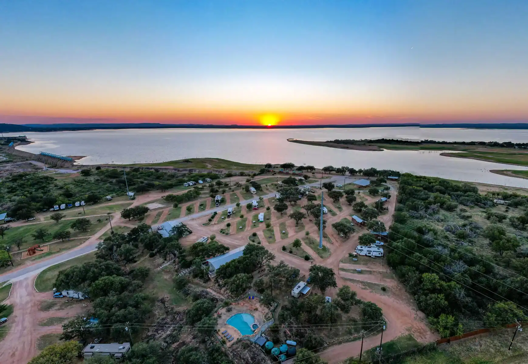Aerial view of Lake Buchanan and the shoreline resort at sunset near Burnet, Texas