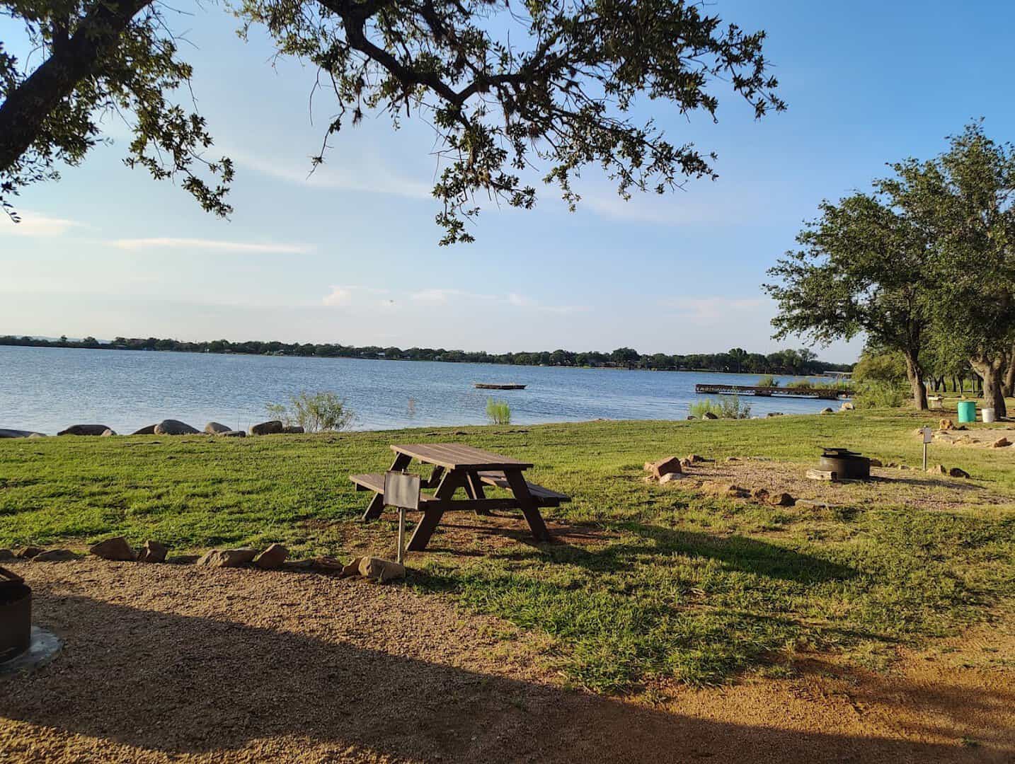 View of Lake Buchanan framed by oak trees near Burnet, Texas