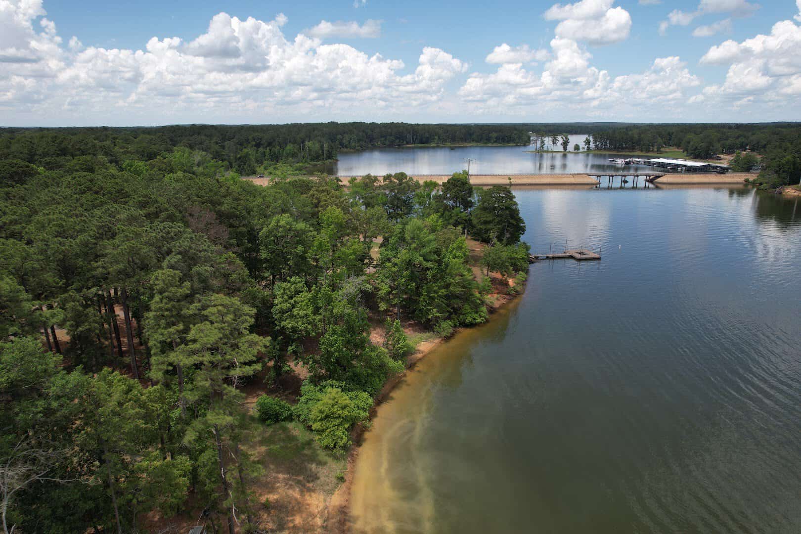 Aerial view of the wooded coves of Lake O' the Pines near Jefferson, Texas